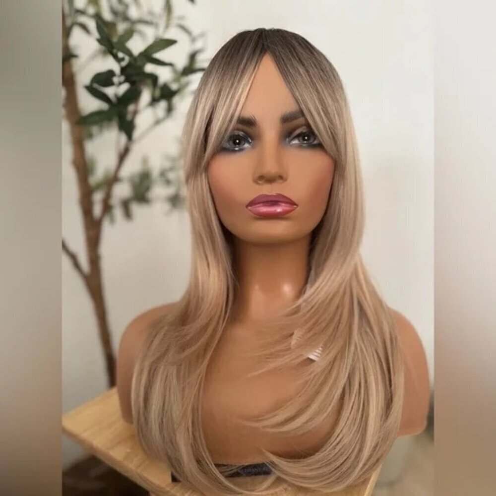Stylish layered Blonde Ombre Straight Hair Classic Wig cap Wig